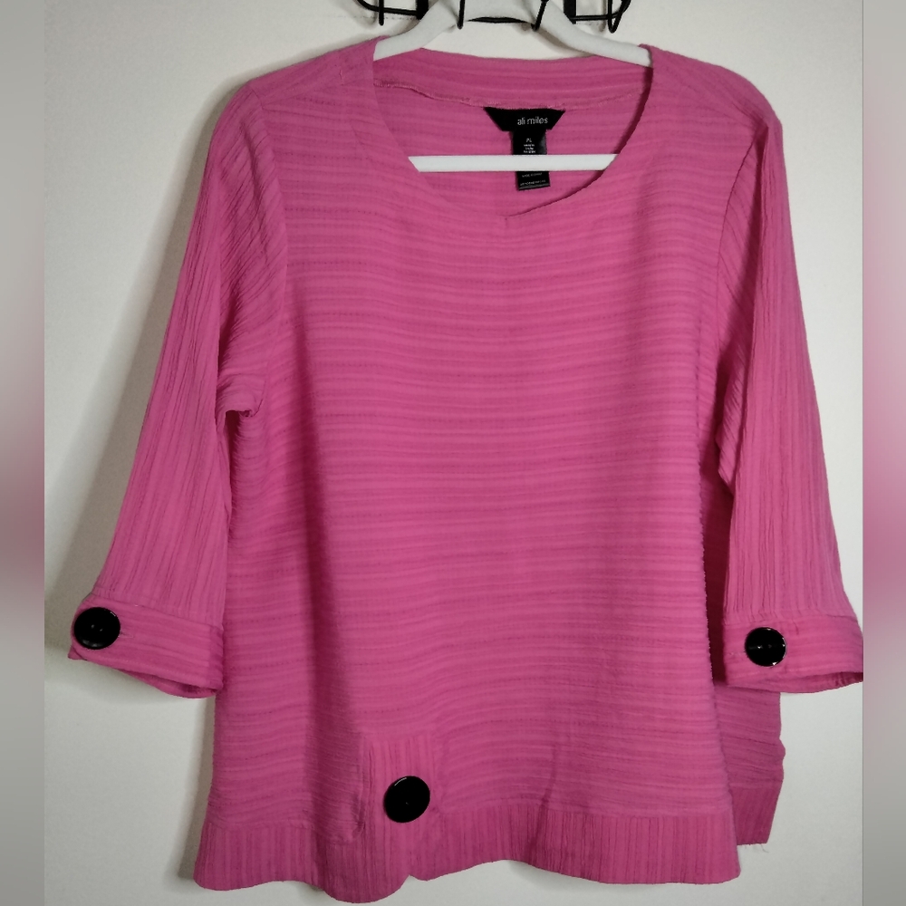 Ali Miles (Size Lp) Pink Ribbed 3/4 Sleeve Oversized Accent Buttons Tunic Blouse - Picture 1 of 13